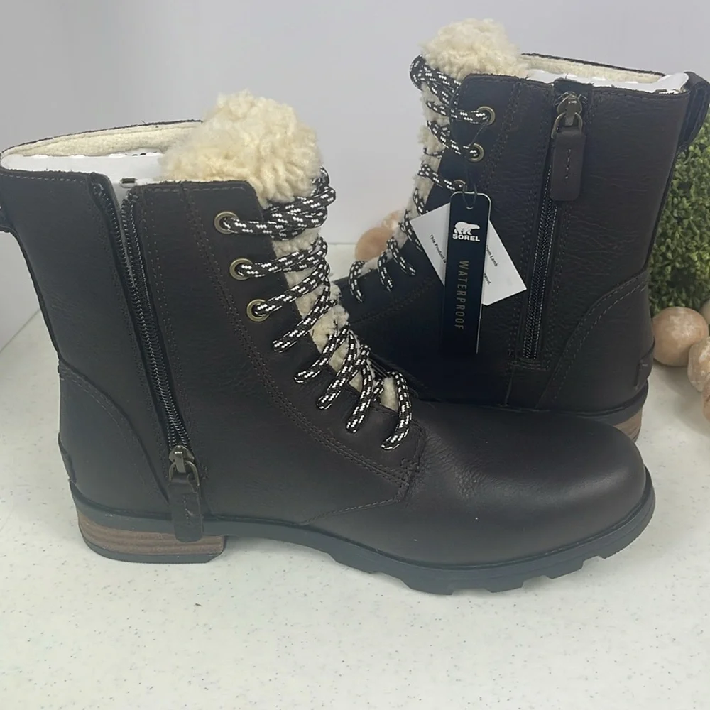 SOREL Emelie Shearling Short Lace-Up Leather Boots Blacken Brown-Sz 8.5